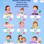 Tableau de routine coloré pour enfants avec des images représentant des activités quotidiennes.