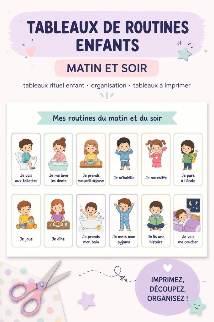 Un tableau de routine coloré pour enfants avec des illustrations ludiques, montrant les étapes d'une journée idéale.