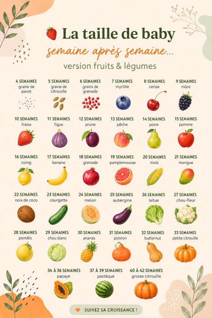 Un bébé comparé à des fruits sur une table, illustrant la croissance hebdomadaire.