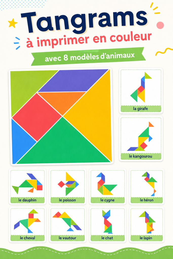 Des tangrams colorés à imprimer représentant des animaux pour les enfants.