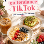 Un petit-déjeuner coloré inspiré des tendances de TikTok, avec des fruits frais et un smoothie.