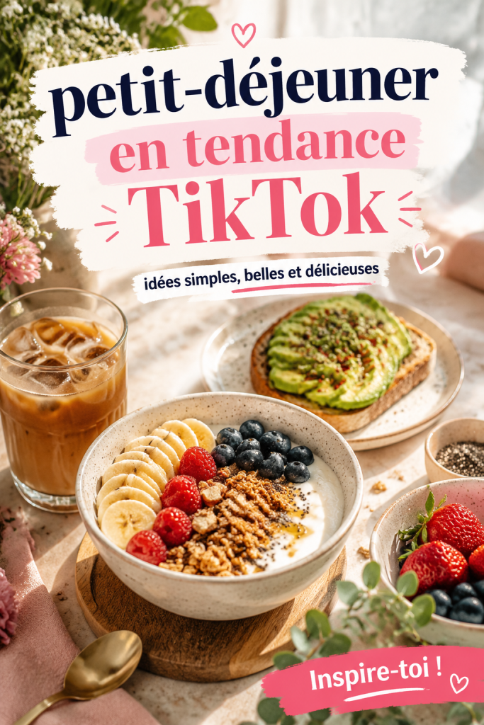Un petit-déjeuner coloré inspiré des tendances de TikTok, avec des fruits frais et un smoothie.