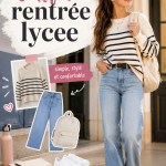 Un mannequin portant une tenue stylée pour la rentrée au lycée, avec une chemise oversize et des baskets.