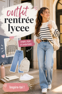 Un mannequin portant une tenue stylée pour la rentrée au lycée, avec une chemise oversize et des baskets.