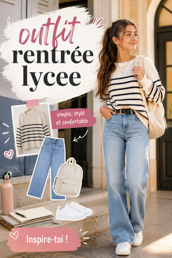 Un mannequin portant une tenue stylée pour la rentrée au lycée, avec une chemise oversize et des baskets.
