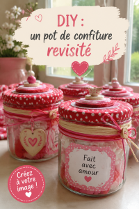 Un pot de confiture décoré avec des fleurs sèches et un ruban sur une table élégante.