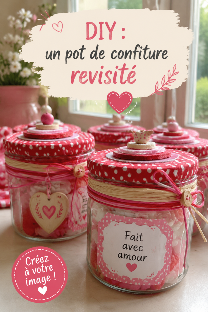 Un pot de confiture décoré avec des fleurs sèches et un ruban sur une table élégante.
