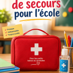 Trousse de secours pour l'école avec fournitures variées.