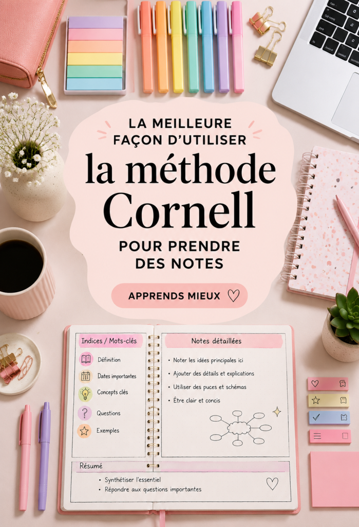 Illustration d'une feuille de notes selon la méthode Cornell, montrant la structure organisée.