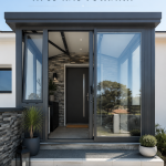 Véranda moderne et élégante à l'entrée d'une maison, offrant un accueil chaleureux.