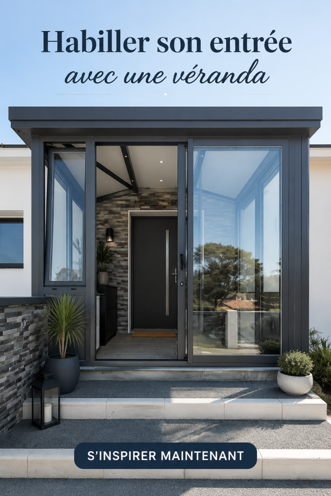 Véranda moderne et élégante à l'entrée d'une maison, offrant un accueil chaleureux.