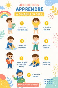 Affiche colorée illustrant les étapes pour apprendre à s'habiller seul, adaptée aux enfants.