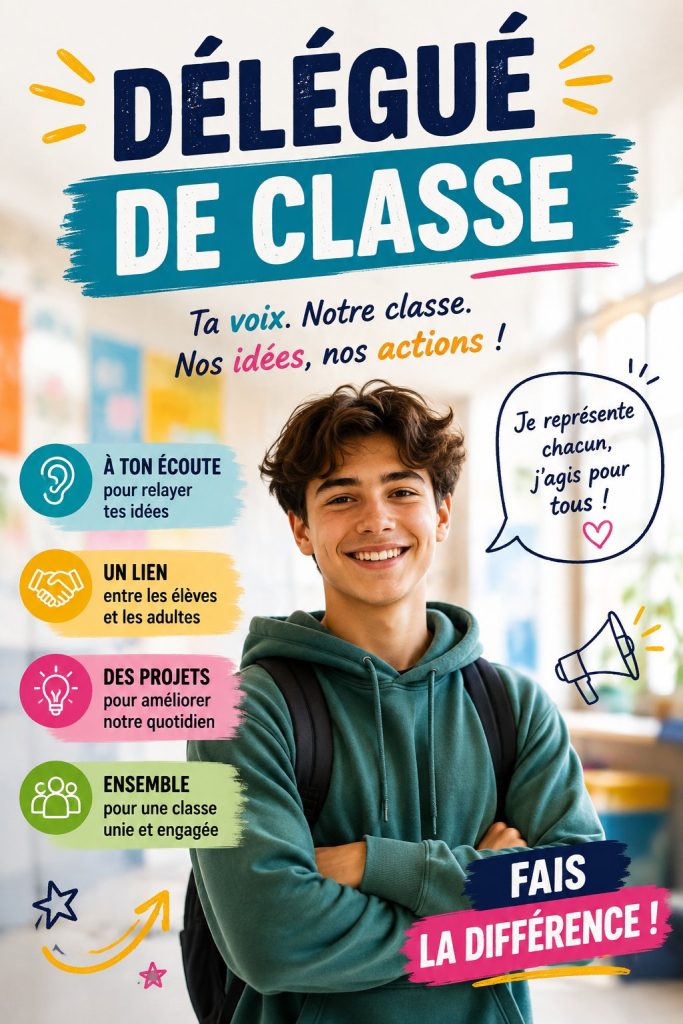 Affiche délégué de classe personnalisée avec des dessins colorés et un texte clair