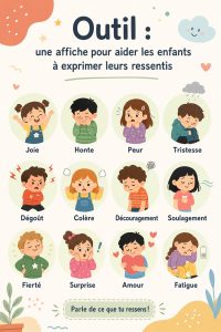 Affiche colorée illustrant les émotions pour aider les enfants à s'exprimer.