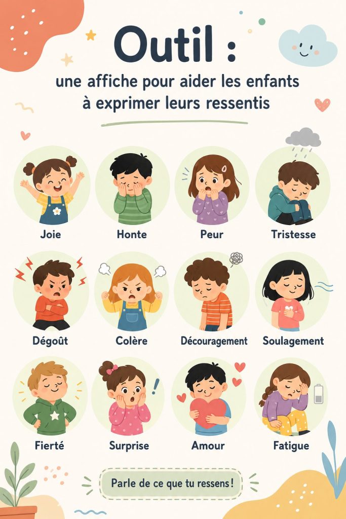 Affiche colorée illustrant les émotions pour aider les enfants à s'exprimer.