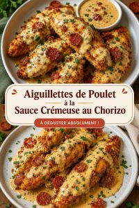 Plat d'aiguillettes de poulet à la sauce crémeuse au chorizo, présenté avec des légumes.