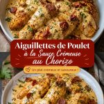 Aiguillettes de poulet et sauce crémeuse au chorizo sur une assiette élégante.