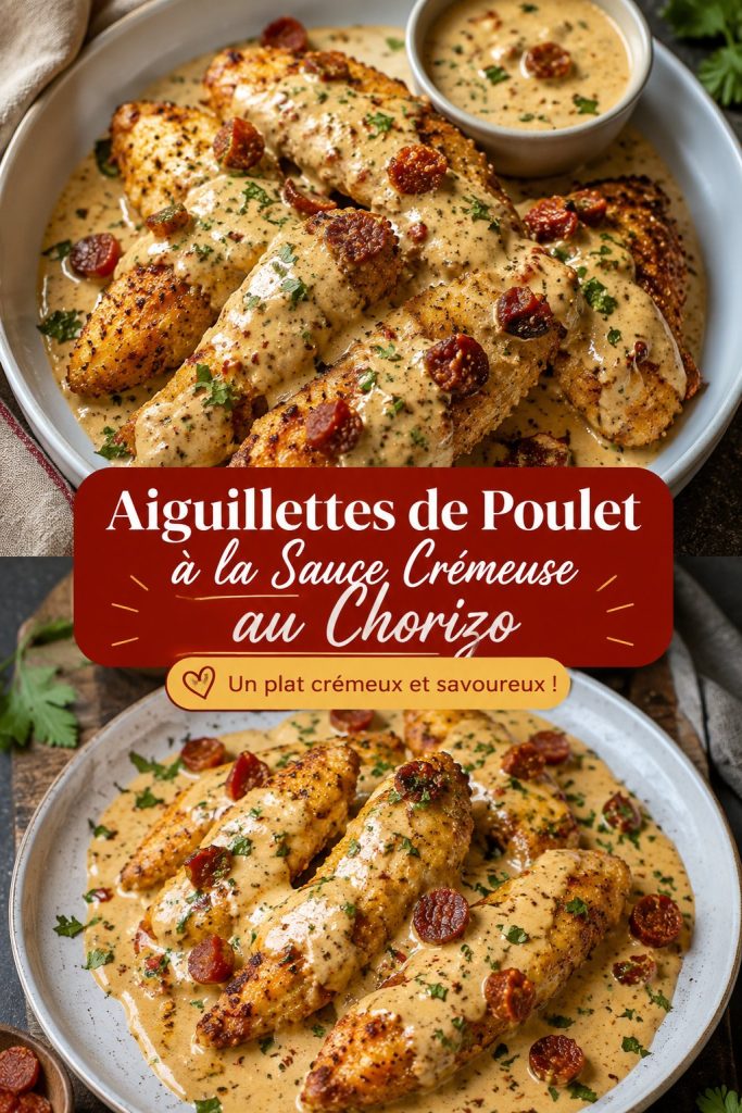 Aiguillettes de poulet et sauce crémeuse au chorizo sur une assiette élégante.