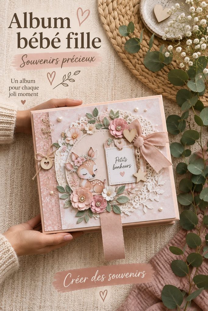 Album de bébé fille décoré avec des souvenirs et des photos