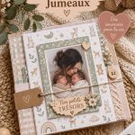 Album de bébé fait main illustrant des souvenirs de jumeaux, avec photos et décorations.