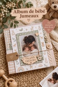 Album de bébé fait main illustrant des souvenirs de jumeaux, avec photos et décorations.