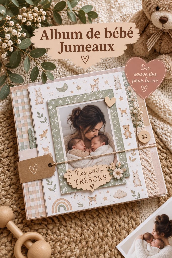 Album de bébé fait main illustrant des souvenirs de jumeaux, avec photos et décorations.