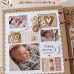 Un album en bois sur une table de scrapbooking avec des fournitures créatives autour.