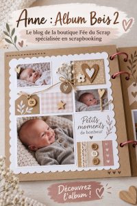 Un album en bois sur une table de scrapbooking avec des fournitures créatives autour.