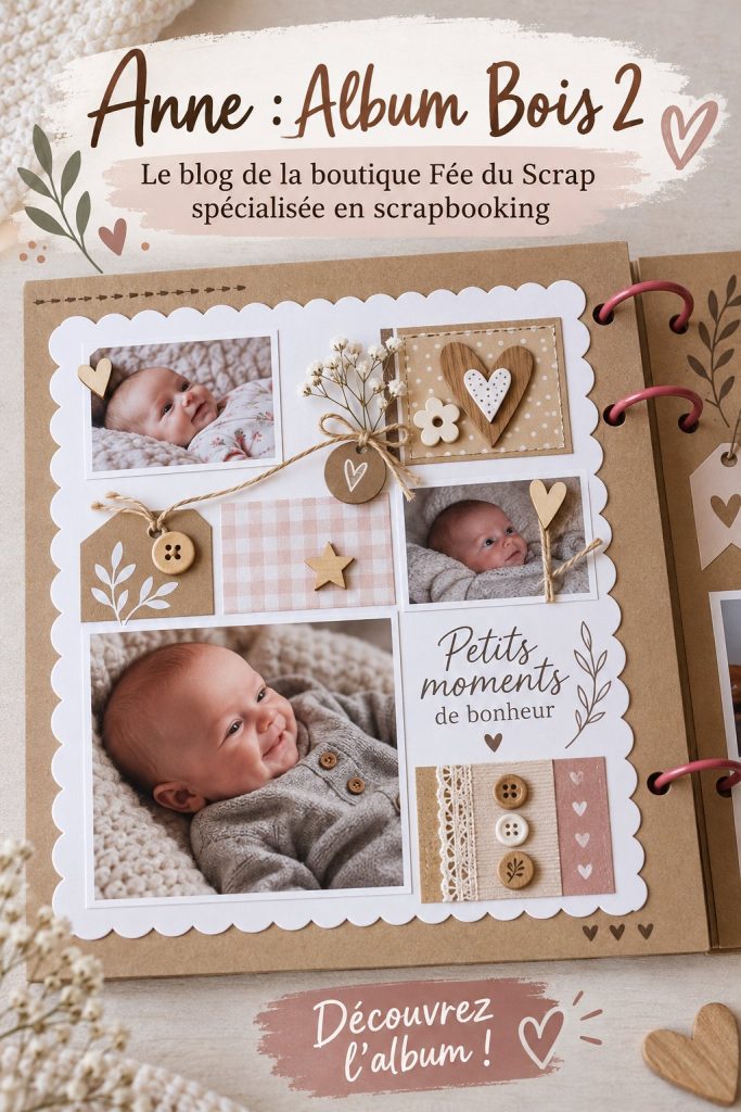 Un album en bois sur une table de scrapbooking avec des fournitures créatives autour.