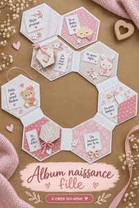 Album de naissance pour une fille illustré de décorations douces et féminines.