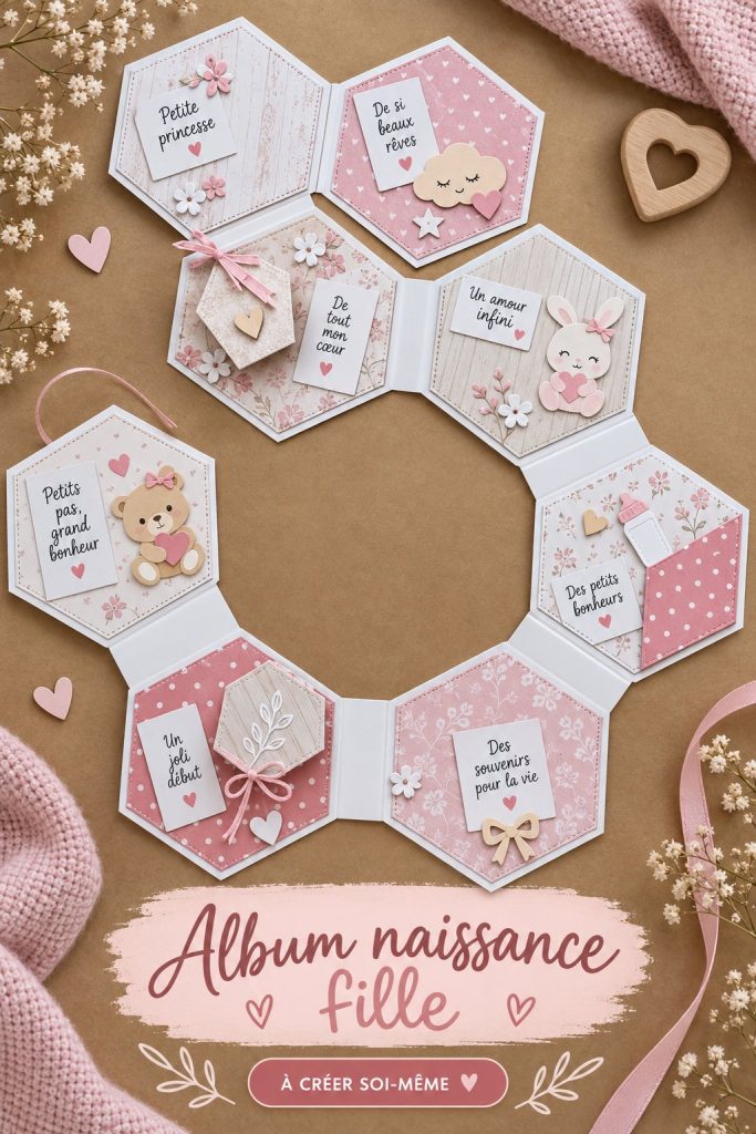 Album de naissance pour une fille illustré de décorations douces et féminines.