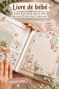 Album photo DIY sur une table avec des outils créatifs et des photos de bébé