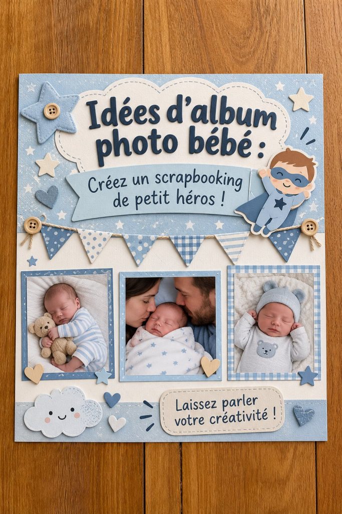 Un album photo coloré sur le thème des super héros, rempli de souvenirs d'enfance.