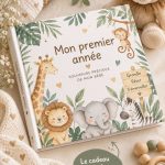 Un album de souvenirs pour un bébé, décoré avec des illustrations tendres