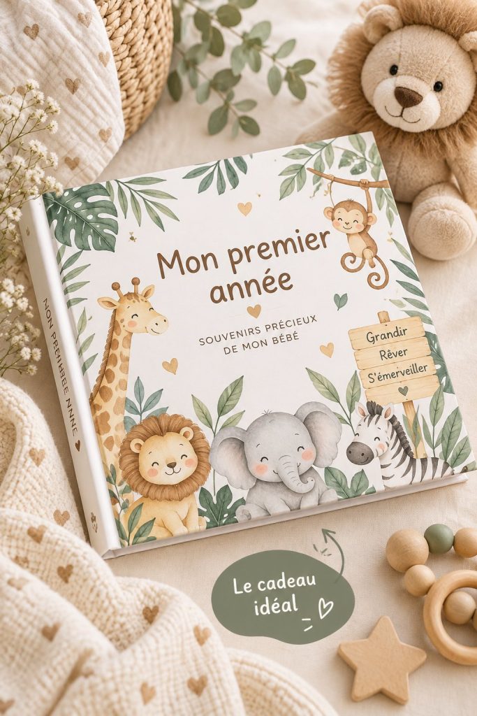 Un album de souvenirs pour un bébé, décoré avec des illustrations tendres