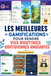 Screenshot d'une application de gamification sur un smartphone montrant des éléments de jeux pour la routine quotidienne.