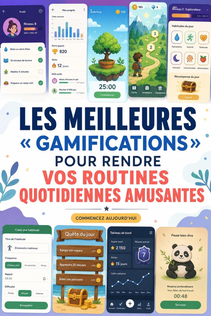 Screenshot d'une application de gamification sur un smartphone montrant des éléments de jeux pour la routine quotidienne.