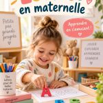 Un enfant entouré de lettres colorées, apprenant l'alphabet de manière ludique.