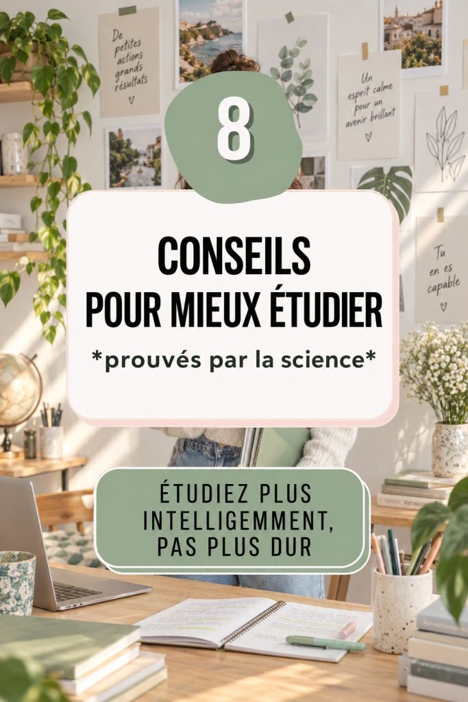 Étudiante consultant des notes avec des astuce d'étude efficaces sur un bureau organisé.