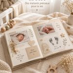 Un baby book ouvert avec des photos et des notes de souvenirs de bébé.