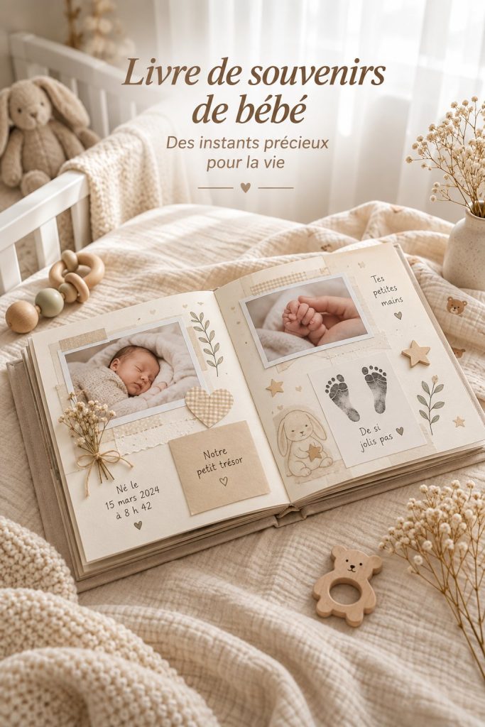 Un baby book ouvert avec des photos et des notes de souvenirs de bébé.