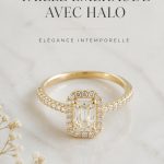 Bague en taille émeraude entourée de diamants, un exemple d'élégance moderne.