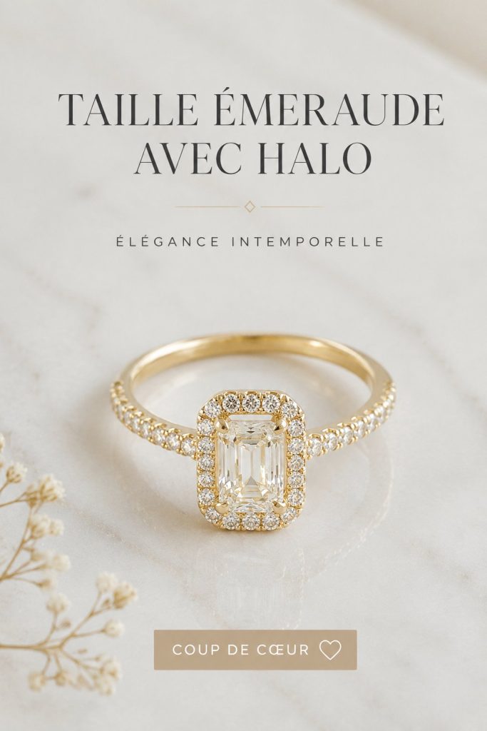 Bague en taille émeraude entourée de diamants, un exemple d'élégance moderne.