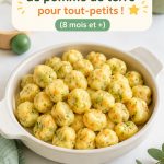Boulettes de légumes et pommes de terre servies sur une assiette colorée pour enfants.