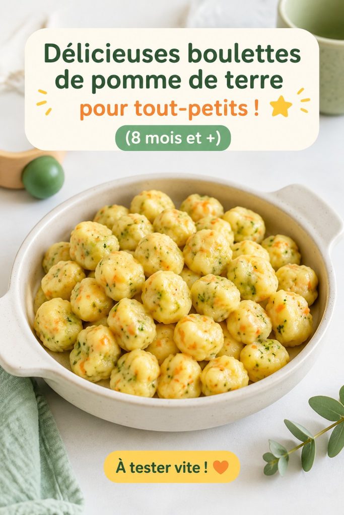 Boulettes de légumes et pommes de terre servies sur une assiette colorée pour enfants.