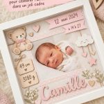 Cadeau de naissance personnalisable dans un joli cadre, mettant en valeur des couleurs douces et des motifs tendres.