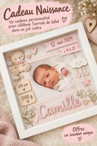 Cadeau de naissance personnalisable dans un joli cadre, mettant en valeur des couleurs douces et des motifs tendres.