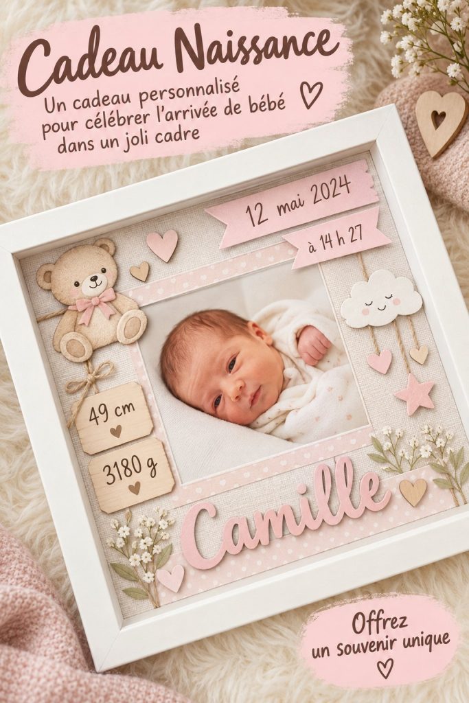 Cadeau de naissance personnalisable dans un joli cadre, mettant en valeur des couleurs douces et des motifs tendres.