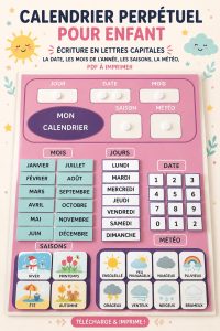 Calandre à imprimer pour enfants, montrant les mois et les saisons en lettres capitales