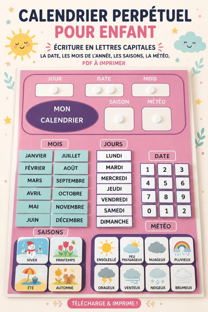 Calandre à imprimer pour enfants, montrant les mois et les saisons en lettres capitales